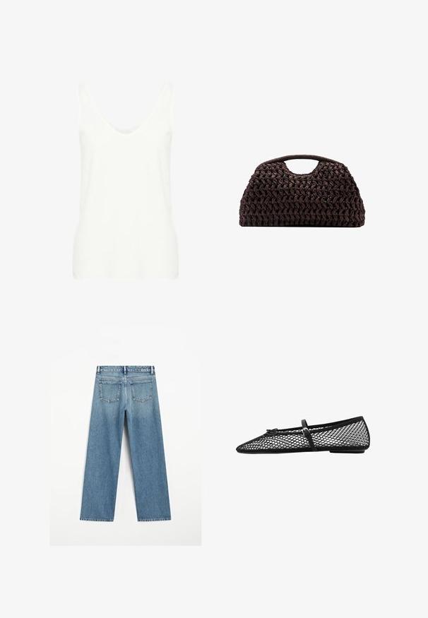 Top senza maniche bianco con scollo profondo a U, realizzato in tessuto leggero, caratterizzato da una texture liscia e una silhouette aderente.; Jeans in denim azzurro chiaro con un taglio a gamba larga, dotati di due tasche posteriori e orlo sfilacciato. Realizzati in tessuto di cotone testurizzato.; Ballerina nera in rete con punta affusolata, cinghia decorativa e accento sottile. Presenta un design a rete aperta e suola piatta.; Borsa a tracolla intrecciata marrone con silhouette arrotondata, dotata di manico superiore e superficie testurizzata. Design compatto con base piatta per maggiore stabilità.