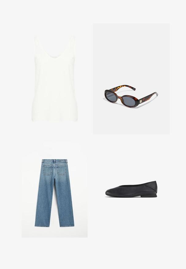 Biały bezrękawnik z głębokim dekoltem, wykonany z lekkiej tkaniny, charakteryzujący się gładką fakturą i dopasowanym krojem.; Jasnoniebieskie dżinsy o szerokich nogawkach, z dwoma tylnymi kieszeniami i postrzępionym dołem. Wykonane z teksturowanej bawełny.; Czarne skórzane płaskie buty z zaokrąglonym noskiem i niskim obcasem, zaprojektowane do noszenia na co dzień lub na formalne okazje.; Brązowe okulary przeciwsłoneczne w stylu tortoise z owalnymi soczewkami i ciemnoszarym szkłem. Posiadają złotą akcentację na zausznikach. Gładka tworzywowa faktura.
