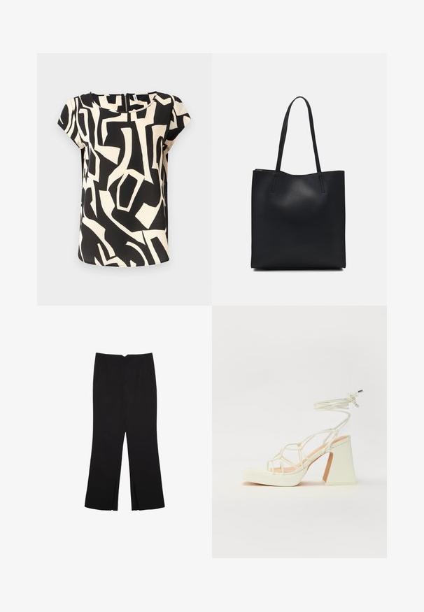 Blusa a maniche corte realizzata in tessuto leggero, caratterizzata da un motivo astratto in nero e crema, con scollatura rotonda e zip sul retro.; Pantaloni neri a gamba dritta, con tasche frontali e spacchi laterali all'orlo. Realizzati in tessuto morbido e liscio. Adatti a diverse occasioni.; Sandalo bianco con tacco alto, caratterizzato da un design a cinturini e un legaccio alla caviglia. Texture liscia con una piattaforma frontale per un'altezza aggiuntiva.; Borsa tote in pelle nera con texture liscia, forma rettangolare e due manici lunghi. Nessun hardware o decorazione visibile.