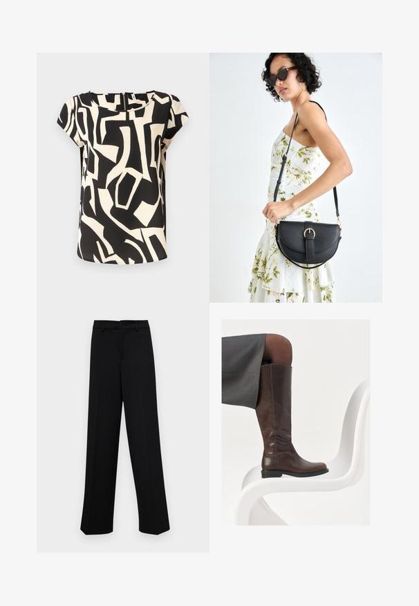 Blusa de manga corta hecha de una tela ligera, con un patrón abstracto en negro y crema, cuello redondo y cierre en la parte posterior.; Pantalones de pierna ancha negros, hechos de un tejido suave, con una cintura clásica que incluye un cierre de botón y pliegues frontales.; Bota de cuero marrón hasta la rodilla con punta redondeada, textura suave y detalles de costura mínimos, situada sobre un fondo claro en una silla blanca.; Bolso de piel negra con forma curva, correa desmontable y herrajes dorados. El bolso cuenta con una solapa con un detalle de hebilla.
