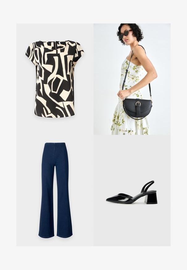 Blusa de manga corta hecha de una tela ligera, con un patrón abstracto en negro y crema, cuello redondo y cierre en la parte posterior.; Pantalones vaqueros acampanados de color azul oscuro, hechos de mezclilla con una cinturilla elástica. Presentan una textura suave y un diseño de pierna ancha que se extiende hasta el dobladillo.; Zapatos de tacón slingback de charol negro con punta afilada y tacón geométrico en bloque. Presentan un diseño elegante y minimalista, así como una textura suave.; Bolso de piel negra con forma curva, correa desmontable y herrajes dorados. El bolso cuenta con una solapa con un detalle de hebilla.