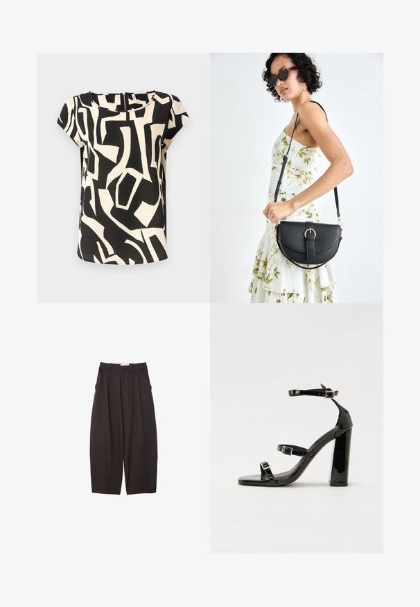 Kurzärmlige Bluse aus leichtem Stoff mit einem schwarz-cremefarbenen abstrakten Muster, runden Halsausschnitt und rückseitigem Reißverschluss.; Schwarze weit geschnittene Hosen aus einem glatten Stoff, mit hoher Taille, Frontfalten und Seitentaschen. Schlichtes Design ohne Verzierungen.; Schwarze patentierte Sandalen mit Absatz, quadratischer Spitze, Knöchelriemen und silbernen Schnallen. Mit einem stabilen Blockabsatz für mehr Stabilität.; Schwarze Lederhandtasche mit geschwungener Form, abnehmbarem Tragegurt und goldenen Beschlägen. Die Tasche verfügt über einen Deckel mit einer Schnallen-Details.