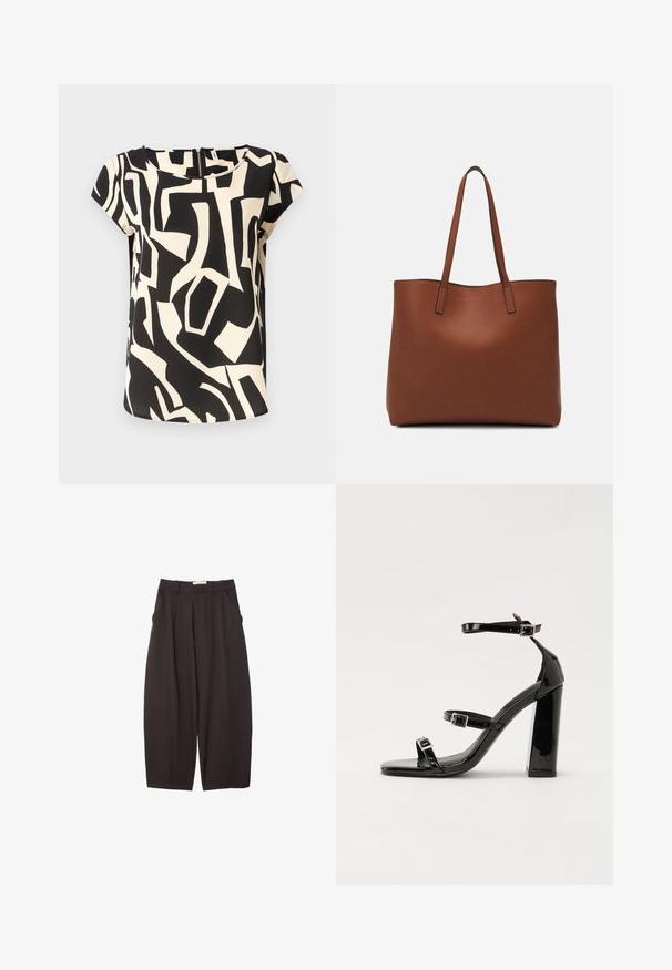 Kratka bluzica s kratkimi rokavi, izdelana iz lahkotnega materiala, z abstraktničnim vzorcem v črni in krem barvi, zaobljenim ovratnikom in zadrgo na hrbtu.; Črne široke hlače iz gladkega materiala, z visokim pasom, zgornjimi pregibi in stranskimi žepi. Preprost dizajn brez okrasnih elementov.; Črne lakirane sandale s peto, kvadratnim prstom, trakovi okrog gležnja in srebrnimi zaponkami. Opremljene so s stabilno Debelo peto.; Rjava usnjena torba z gladko teksturo, odprto zasnovo zgoraj in dvema naramnima trakovoma. Opremljena je z minimalnim šivanjem in brez vidnih kovinskih delov.