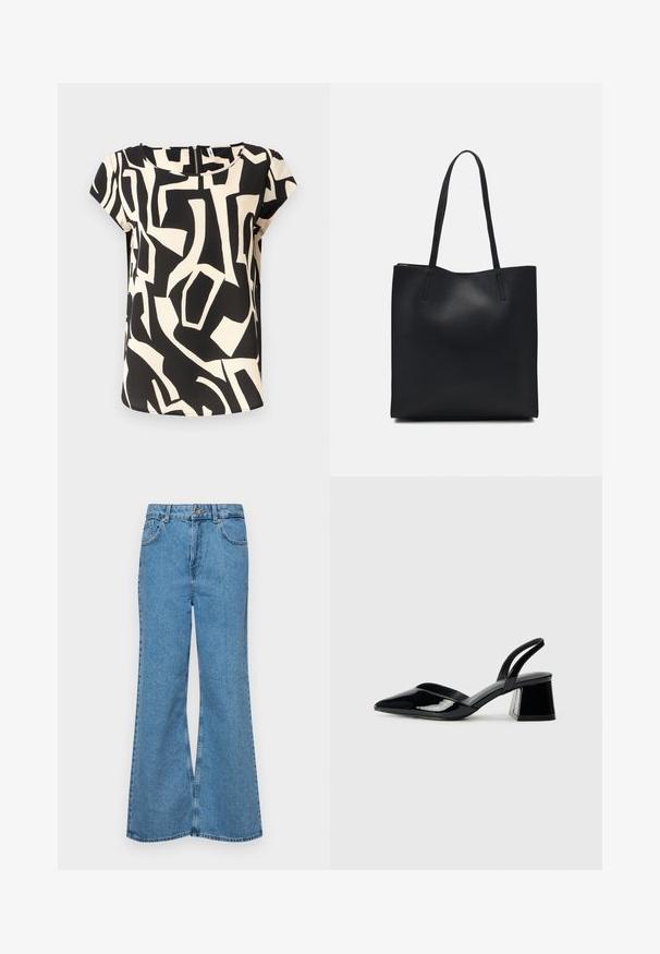 Kortærmet bluse lavet af letvægtsstof, med et sort og cremefarvet abstrakt mønster, rund halsudskæring og lynlås i ryggen.; Lysblå flagrende jeans lavet af denim, med høj talje, fem lommer og en enkelt knaplukning. Blød tekstur med en falmet finish.; Sorte patentlæder slingback hæle med spids tå og en geometrisk blok hæl. Har et elegant, minimalistisk design og en glat tekstur.; Sort læder tote taske med glat tekstur, rektangulær form og to lange hanke. Ingen synlig hardware eller udsmykninger.