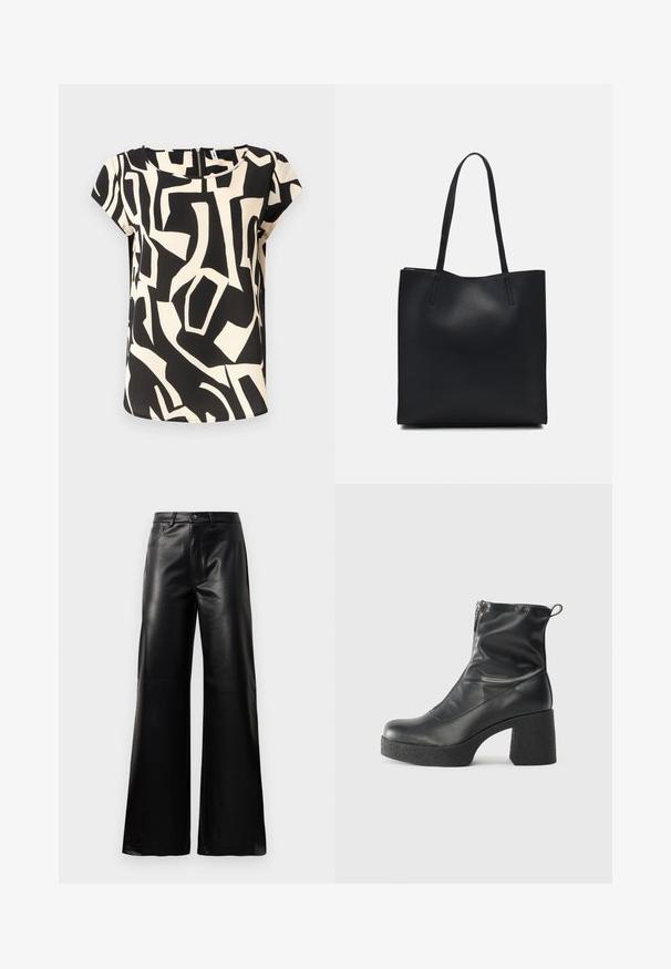 Kratka bluzica s kratkimi rokavi, izdelana iz lahkotnega materiala, z abstraktničnim vzorcem v črni in krem barvi, zaobljenim ovratnikom in zadrgo na hrbtu.; Črne široke hlače iz umetnega usnja z visokim pasom, sprednjim gumbom, zadrgo, zanke za pas in stranskimi žepi na beli podlagi.; Črne gležnjarje iz gladke kože z božnim zadrgo, masivnim teksturiranim peto in zaobljeno obliko prstov.; Črna usnjena torba s svilnato teksturo, pravokotne oblike in dvema dolgima ročajema. Brez vidnih metalnih delov ali okrasnih elementov.