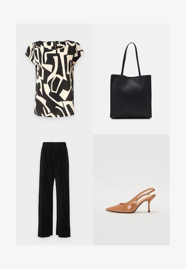 Kortermet bluse laget av lett stoff, med et svart og kremfarget abstrakt mønster, rund hals og glidelås bak.; Sorte plisserte bukser med elastisk midje. Har vide ben og et glatt, strukturert stoff med vertikale striper.; Spiss tå slingback hæl i et glat, glinsende brunt materiale. Har et buet utskårent design og en slank stilett hæl. Sølvspenne detalj.; Svart lær tote bag med glatt tekstur, rektangulær form og to lange håndtak. Ingen synlige deler eller dekorasjoner.