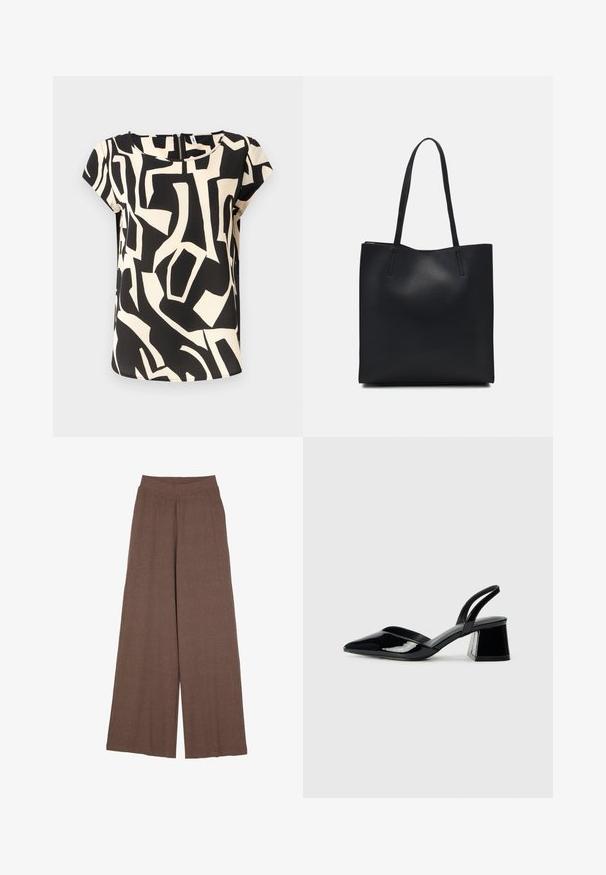 Kurzärmlige Bluse aus leichtem Stoff mit einem schwarz-cremefarbenen abstrakten Muster, runden Halsausschnitt und rückseitigem Reißverschluss.; Weite Hosen aus einem strukturierten, gerippten Stoff in warmem Braun. Mit einem nahtlosen Bund und fließender Silhouette.; Schwarze Lackleder-Slingback-High Heels mit spitzem Schuh und einem geometrischen Blockabsatz. Verfügt über ein schlankes, minimalistisches Design und eine glatte Textur.; Schwarze Laptoptasche aus Leder mit glatter Textur, rechteckiger Form und zwei langen Griffen. Keine sichtbaren Beschläge oder Verzierungen.