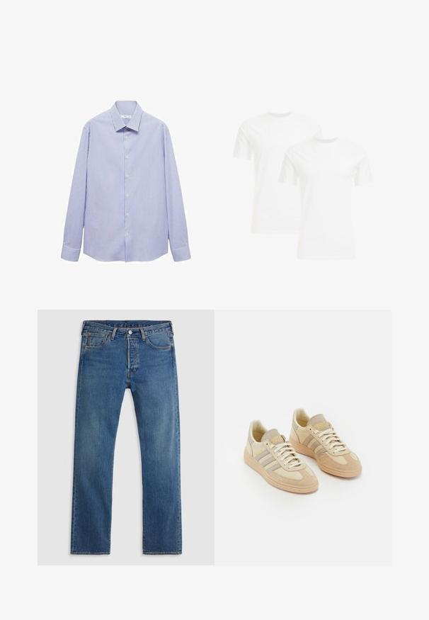 Mango Hemd - dark blue; Zwei weiße Baumwoll-T-Shirts mit kurzen Ärmeln und Rundhalsausschnitten, die eine glatte Textur und ein einfaches Design aufweisen, übereinander gestapelt in einer vertikalen Anordnung.; Blaue geradlinige Jeans aus Denim mit fünf Taschen, Gürtelschlaufen sowie einem Verschluss mit Knopf und Reißverschluss auf einem schlichten Hintergrund.; Hellebeige Sneakers aus Wildleder und Stoffmaterialien, mit drei grauen Streifen, strukturierten Akzenten und einer sandfarbenen Gummisohle. Die Schnürsenkel sind weiß.