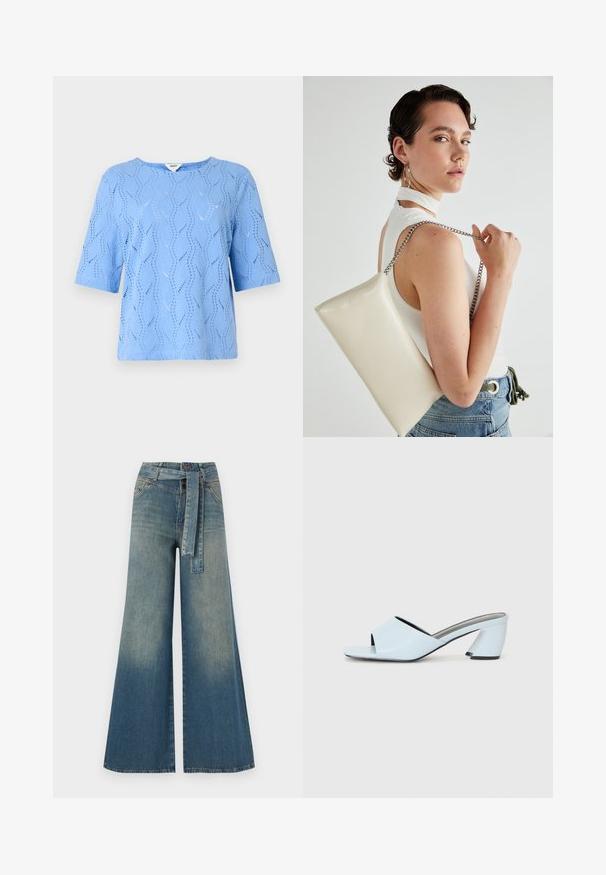 Lys blå kortermet topp med bølgemønster og utskjærte detaljer. Rund hals, avslappet passform, laget av teksturert stoff.; Bredde ben jeans med en lyseblå til mørkeblå gradient, høyt liv, beltehemper og et matchende belte i samme stoff. Teksturert denimoverflate.; Lyseblå åpne tå hæl mules med geometrisk design, med en bred stropp over foten og en fyldig, vinklet hæl.; Hvit rektangulær clutch-veske laget av blankt materiale, med en sølvkjede-stropp. Modellen poserer og viser vesken mot en ensfarget bakgrunn.