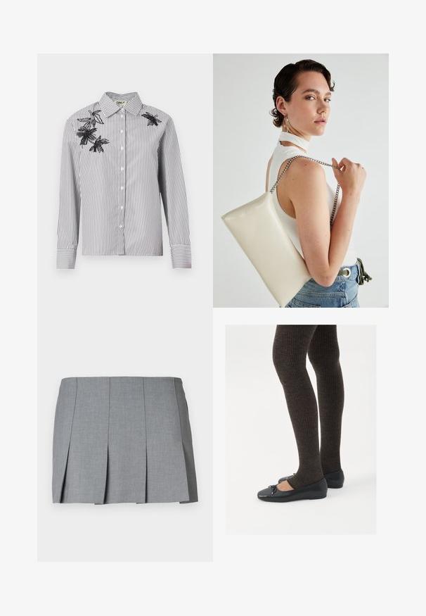 Juostuota juoda ir balta mėgautiniame marškiniai su ilgomis rankovėmis, kuriuose kairiajame petyje ir krūtinės srityje yra juodų gėlių siuvinėjimas.; Pilka plisuota sijonas, pasižymintis lygiu paviršiumi, struktūrine forma ir prigludusia juosmens linija. Pagamintas iš lengvos medžiagos su švelniu raštu.; Juodos plokščios bateliai su maža kaspinėlio detale prie pirštų, derinami su tamsiai rudos spalvos raukšlėtomis pėdkelnėmis. Bateliai turi lygų paviršių ir žemą profilį.; Balta, stačiakampio formos rankinė pagaminta iš blizgaus medžiagos, su sidabriniu virvute. Modelis pozavo, demonstruodamas rankinę prieš paprastą foną.