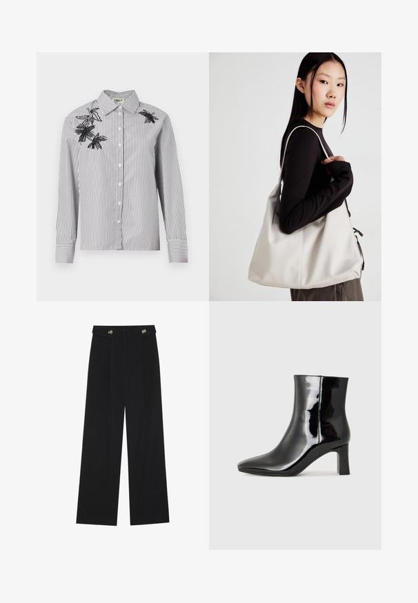 Camicia a righe bianca e nera con maniche lunghe, caratterizzata da ricami floreali neri sulla spalla sinistra e nella zona del petto.; Pantaloni neri a gamba larga con vita alta, dettagli con bottoni in vita e pieghe frontali.; Stivaletto in pelle verniciata nera con punta a punta e tacco a blocco di altezza media. Texture liscia e design minimalista.; Borsa a mano beige realizzata in materiale morbido, caratterizzata da un design morbido, dettagli cuciti e due manici. Adatta per l'uso quotidiano.
