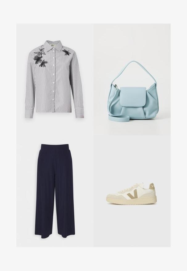 Stripet svart og hvitt skjorte med lange ermer, med svart blomsterbroderi på venstre skulder og brystområde.; Bredde bukser i mørk marineblå stoff med ribbet tekstur. Har en glatt midje og en luftig silhuett, som når midt på leggen.; Sko med kremfarget overdel, beigefarget semsket skinn, og en teksturert gummisåle. Har en dristig 'V'-logo og snølåsdesign.; Lys blå lærveske med topphåndtak, frontlomme med klaff og avtagbar håndleddsstropp på hvit bakgrunn.