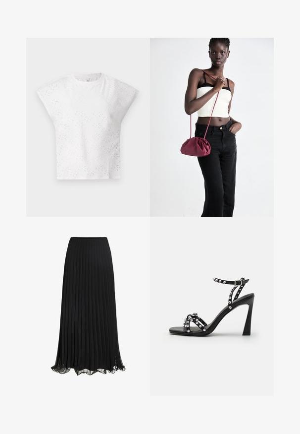 Bílý krátkorukávový top s texturovaným designem výřezu, strukturovanými rameny a kulatým výstřihem. Lehká tkanina.; Černá plisovaná maxi sukně vyrobená z lehkého materiálu s volným designem. Disponuje volánkovým lemem a elastickým pasem pro pohodlí.; Černé sandály na vysokém podpatku se širokým páskem, ozdobené cvočky a elegantním designem; obsahují sponu a hladký povrch.; Burgundská měkká taška s nabíraným designem a dlouhým popruhem, nošená přes tělo. Model má na sobě bílý crop top a černé džíny.