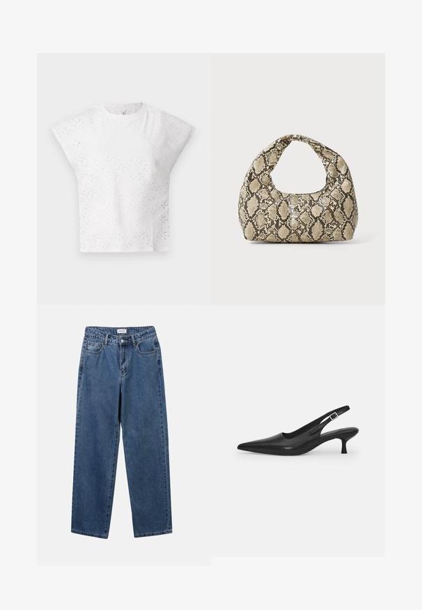 Balta īsām piedurknēm blūze ar struktūrētu acs formu, strukturētām plecu daļām un apaļu kakla izgriezumu. Viegls audums.; Klasiskie zili džinsi ar taisnu kāju dizainu, pieciem kabatām un pogu aizdari. Iezīmējas ar vidēju mazgāšanu un izturīgu tekstūru.; Melnas ādas slīdošās kurpes ar norādītu pirkstu un šauru, izliekta papēdi. Ar diskrētu regulējamu siksniņu ar metāla sprādzi.; Čūsku raksta soma ar izliekto rokturi. Izgatavota no teksturētiem, bēšiem un brūniem materiāliem, ar izteiksmīgu dimanta rakstu.