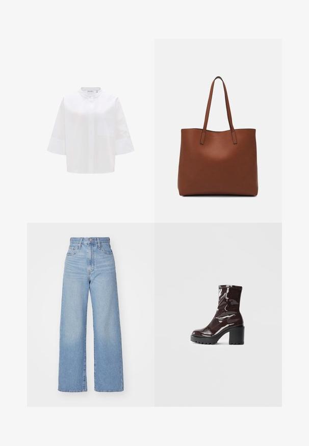 Weißes, kurzärmliges Hemd mit Knopfleiste, hohem Kragen, einer einzelnen Brusttasche und glatter Textur. Einfaches, unverziertes Design.; Hellblaue High-Waist-Weite-Leg-Jeans mit Knopf- und Reißverschluss vorne, Vorder- und Rückentaschen, auf weißem Hintergrund.; Glatte bordeauxrote Ankle Boots mit einem klobigen schwarzen Absatz, die eine glatte Oberfläche und ein einfaches Design aufweisen. Keine sichtbaren Verschlüsse oder Muster.; Braune Leder-Tote mit glatter Textur, offenem Oberteil und zwei Schulterriemen. Verfügt über minimale Nähte und keine sichtbaren Beschläge.
