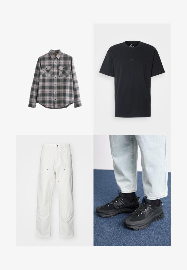 Pilkos plytelės flanelinė marškiniai su segamo apykakle, ilgomis rankovėmis, dviem krūtinės kišenėmis ir raudonais bei juodais akcentais, pagaminti iš minkštos tekstūros.; Juodas medvilninis Nike marškinėliai su klasikinėmis apykaklėmis, trumpomis rankovėmis ir subtiliu, įspaustu logotipu ant krūtinės. Sklandus tekstūra.; Balti medvilniniai kargo džinsai su laisvu siluetu. Ypatybės apima priekines kišenes, auksinius apdailos elementus ir sustiprintas kelio dalis.; Juodi sportiniai bateliai su tekstūruota medžiaga ir guminiais padais, su elastingomis raišteliais ir mėlynu akcentu ant kulno. Dėvimi su šviesiai mėlynomis džinsinėmis kelnėmis.