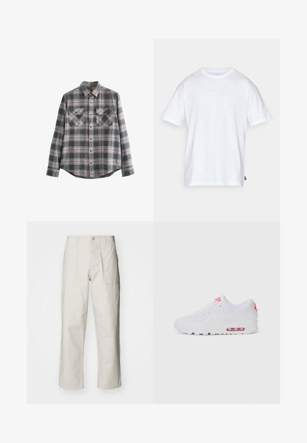 Hallide hallide särk, millel on nupuga krae, pikad varrukad, kaks rinna taskut ning punased ja mustad aktsendid pehmel tekstuuril.; Valge puuvillane t-särk lühikeste varrukatega ja ümmarguse kaelusega. Sellega on kaasas väike, tagasihoidlik Nike logo rinnal ja külgmine silt.; Heledbeez värvi laiad püksid, mis on valmistatud puuvillast. Omavad esi-taskuid ja nupuga sulgemist. Sile tekstuur, millel on õrnad vertikaalsed jooned.; Valged spordijalatsid, millel on sile pealis, seotud lipsud, pehmendusega tallad ja nähtav õhükamber, mille brändimisel on punased aktsendid.