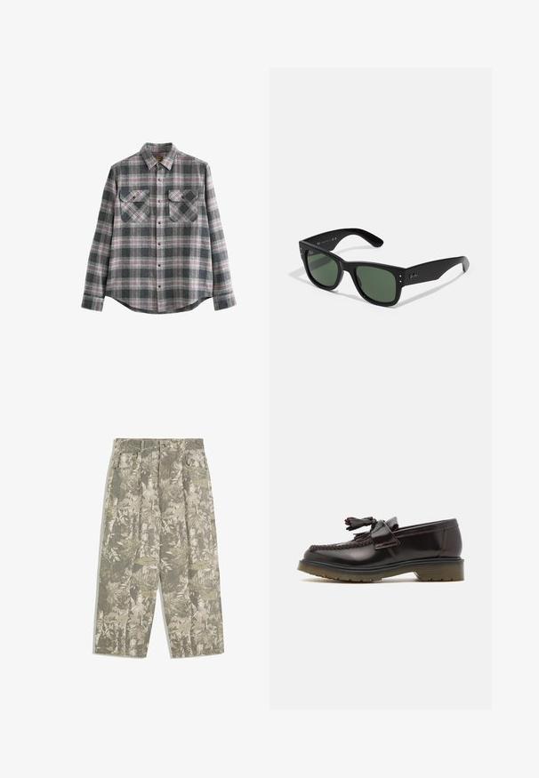 Šedá kostkovaná flanelová košile s límcem na knoflíky, dlouhými rukávy, dvěma náprsními kapsami a červenými a černými akcenty na měkké textuře.; Černý tílko s kulatým výstřihem a širokými ramínky. Vyrobeno z měkké látky, s hladkým povrchem a jednoduchým designem.; Kargo kalhoty s širokými nohavicemi v zeleném a béžovém maskáčovém vzoru s listy a kůrou, se zapínacími kapsami a poutky na pás.; Hnědé kožené mokasíny s tkaným vzorem, detaily v podobě třásní a plochou gumovou podrážkou. Mají hladký povrch a kontrastní švy.; Černé obdélníkové sluneční brýle se zelenými skly, matným povrchem, nenápadnými kovovými akcenty a Embosovaným logem na stranicích.