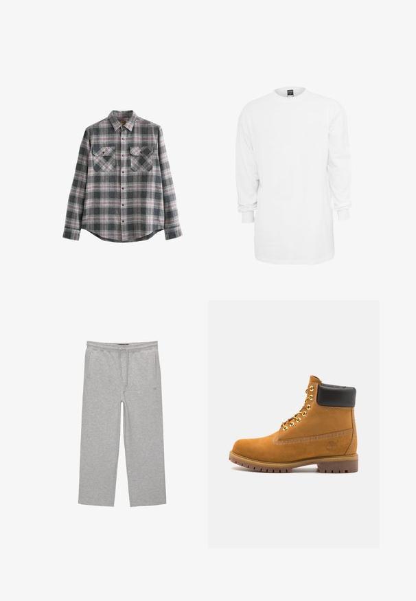 Grijze geruite flanellen blouse met een altijd-dichtgeknoopte kraag, lange mouwen, twee borstzakken en rode en zwarte accenten op een zachte textuur.; Witte katoenen t-shirt met lange mouwen, ronde hals, losse pasvorm en ribgebreide manchetten. Eenvoudig ontwerp, geen afbeeldingen of patronen.; Grijze katoenen loungebroeken met een elastische tailleband, trekkoord en twee zijzakken; rechte pijpen, zachte textuur, zonder patronen.; Tan suède enkelboot met zwart gevoerd kraagje, gouden metalen oogjes, witte stikdetails en een robuuste rubberen zool met uitgesproken profiel.