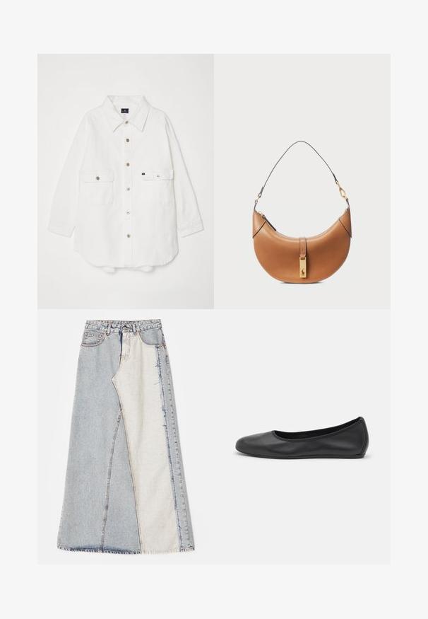 Biała koszula z guzikami wykonana z bawełny, z kołnierzykiem, dwiema przednimi kieszeniami i czterema guzikami z przodu; luźny krój i mankiety wywinięte.; Spódnica dżinsowa z wzorem patchworkowym z jasnoniebieskimi i średnioniebieskimi sekcjami, postrzępionymi brzegami i wysokim stanem. Klasyczny fason z pięcioma kieszeniami.; Czarne skórzane baletki z zaokrąglonym noskiem, gładką fakturą, minimalnymi przeszyciami i elastycznym designem podeszwy.; Torebka skórzana w kolorze tan o zaokrąglonym kształcie, ze złotymi elementami i cienkim paskiem na ramię. Posiada zamek błyskawiczny i detal z logo z przodu.