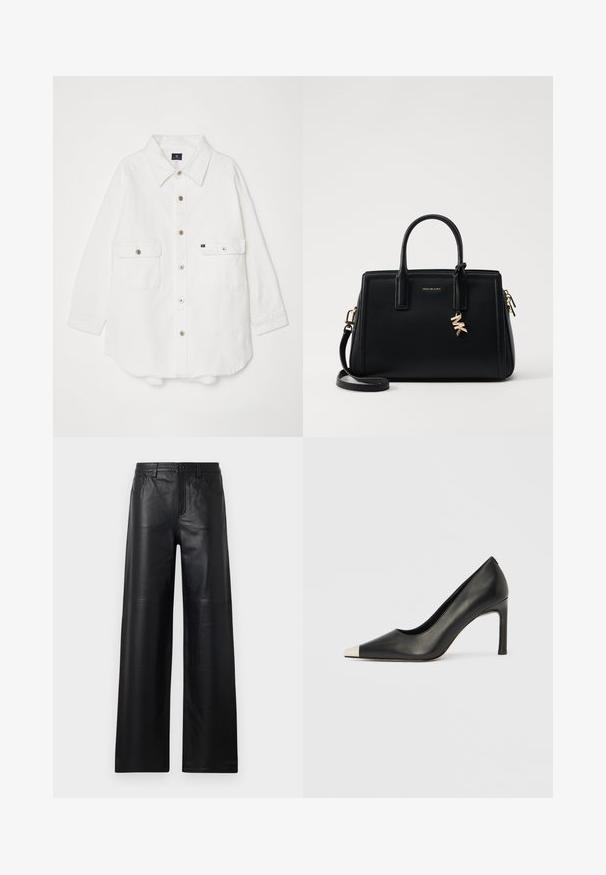 White button-up shirt made of cotton with a collared neck, two front pockets, and four buttons down the front; relaxed fit and cuffed sleeves.; Wide-leg black leather pants with a smooth texture, featuring front pockets, a button closure, and subtle stitching details.; Black leather high heel shoe with a pointed toe and a metallic silver cap. Features a smooth finish and a slender 10 cm heel.; Black leather handbag with structured design, dual top handles, detachable shoulder strap, gold hardware, and a logo charm accent.