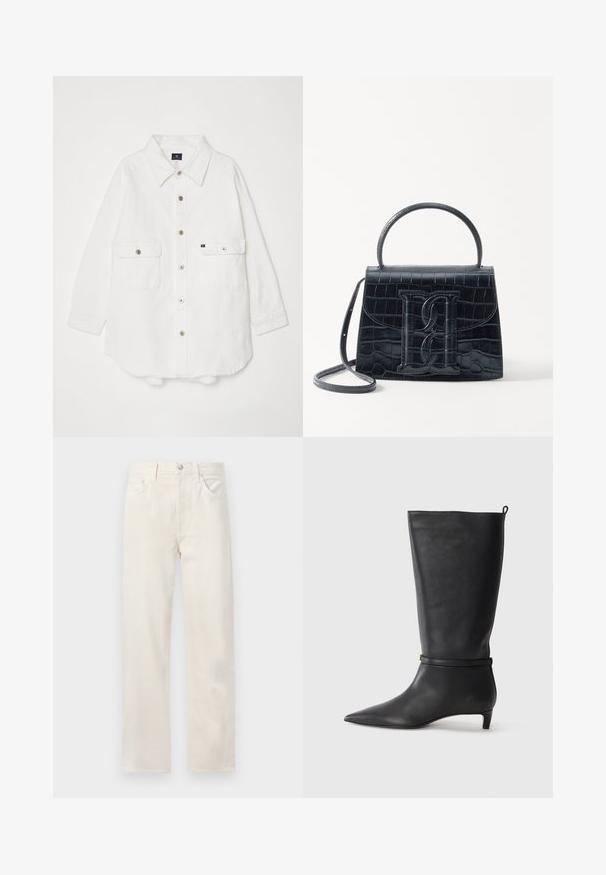 White button-up shirt made of cotton with a collared neck, two front pockets, and four buttons down the front; relaxed fit and cuffed sleeves.; Off-white straight-leg denim jeans with five pockets, belt loops, and a button-and-zip closure at the waist.; Black leather knee-high boot with a pointed toe, accented by a circular strap around the ankle and a low, tapered heel. Smooth texture.; Black crocodile-embossed leather handbag with a structured design, top handle, adjustable strap, and a prominent front logo detail.