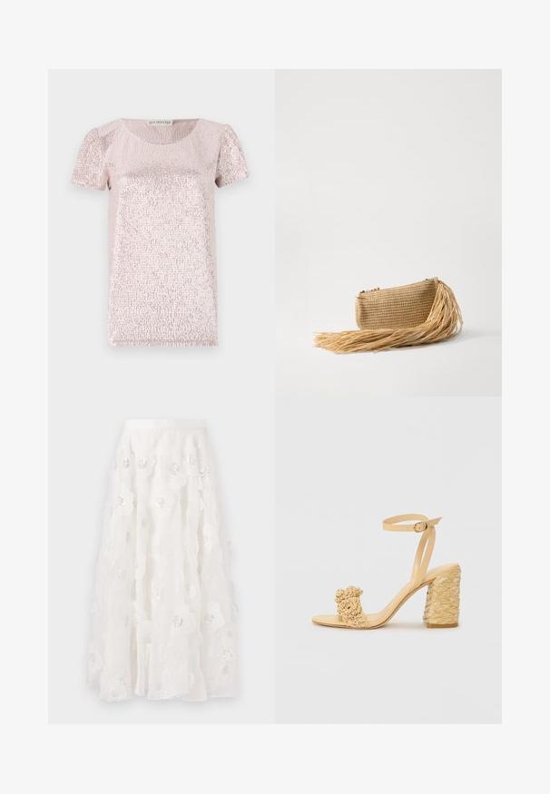 Top roz cu mânecă scurtă, cu o suprafață texturată și strălucitoare, guler rotund și mâneci puțin bufante, realizat dintr-un material neted.; Fustă albă, până la genunchi, cu broderie florală și paiete argintii. Material ușor, fluid, cu straturi volan și talie ajustată.; Sandalie cu toc înalt bej, cu o textură împletită, având o floare decorativă și curea pentru gleznă. Tocul pătrat oferă stabilitate.; Cult Gaia VIERA - Geantă plic - natural