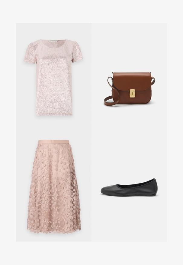 Lühikeste varrukatega roosa topp, millel on tekstuuriga, sädelev pind, ümar kaelus ja kergelt puff-suuruses varrukad, valmistatud siledast kangast.; Soe roosa pitsist midi-seelik, millel on lilleline tikand, sobitatud vöökoht ja kihiline disain, rõhutades õrna tekstuuri.; Musthave mustika tantsutossud mustast nahast, ümmarguse varbaga, siledast tekstuurist, minimaalse õmblusdetailiga ja paindliku tallakujundusega.; Pruunist nahast käekott, millel on klapiga sulgur, kuldne riistvara, õlarihm ja sile tekstuur. Kompaktne ristkülikukujuline vorm.