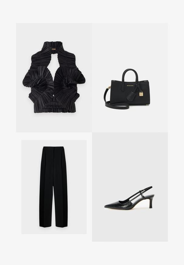 Melnas plisētas auduma blūze ar augstu apkakli, kas piedāvā spirālveida volānus un elastīgu apakšmalu formas un tekstūras piešķiršanai.; Melni plati bikses ar augstu jostasvietu, kas papildinātas ar pudiem un gludu tekstūru. Audums izskatās viegls un eleganti krīt.; Melna patent āda ar slīdošo papēdi un smailo purngalu, ar teksturētu čūsku drukājumu, regulējamu siksniņu un īsu teksturētu blokpapēdi.; Melna ādas rokassoma ar strukturētu dizainu, augšējiem rokturiem un noņemamu plecu siksnu. Iezīmēta ar zelta aparatūru un zīmola piekariņu.