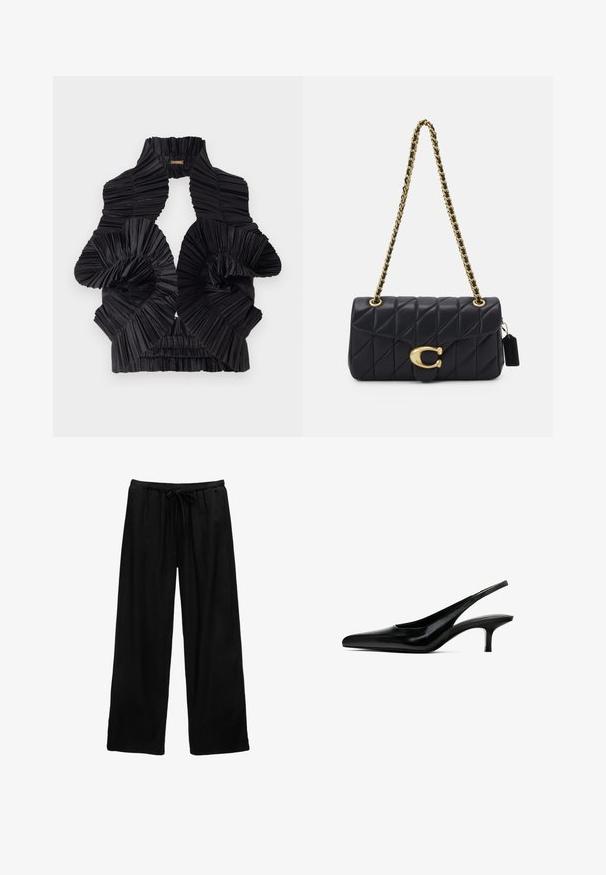 Top in tessuto plissettato nero con colletto alto, dotato di ruffles spiraliformi e orlo inferiore elasticizzato per forma e texture.; Pantaloni neri a gamba larga realizzati in tessuto leggero, con elastico in vita e dettaglio con coulisse. Design semplice, senza fantasie né accessori.; Scarpa slingback nera con punta appuntita, in pelle lucida e con un tacco sottile e basso. Presenta un taglio laterale per garantire traspirabilità.; Borsa a tracolla nera trapuntata con una catena d'oro, dotata di un distintivo fermo d'oro e di un'etichetta piccola, che mostra una superficie in pelle testurizzata.