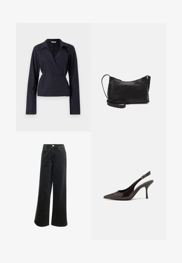 Black wrap top made of lightweight fabric. Features long sleeves, a collar, and a tied waist for a fitted silhouette.; High-waisted, wide-leg black denim pants with a button closure, five pockets, and a small logo embroidered on the front. Textured fabric.; Slingback high-heeled shoe in glossy dark brown patent leather, pointed toe, open sides, and adjustable ankle strap.; Black leather shoulder bag with a smooth texture, curved shape, adjustable strap, and a zip closure. Minimalist design without embellishments.