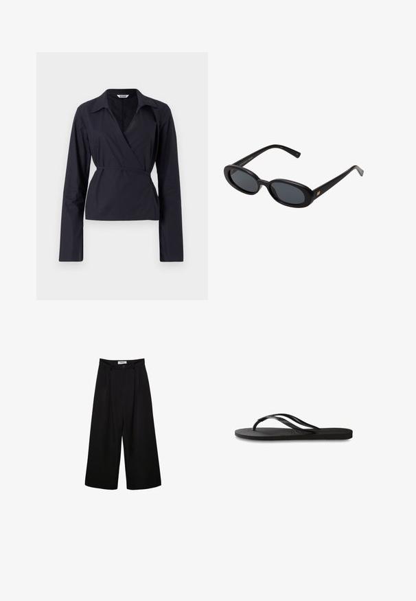 Čierny top s obalom vyrobený z ľahkej látky. Má dlhé rukávy, golier a zaviazaný pás pre priliehavý siluetu.; Čierne široké nohavice s vysokým pásom, plisovaným predným dielom a zapínaním na gombík. Vyrobené z hladkej tkaniny s módnym strihom.; Čierne žabky s textúrovanou gumovou podrážkou, dvoma štíhlymi popruhmi a diskrétnym embosovaným logom na popruhu.; Čierne oversized slnečné okuliare s oválnymi šošovkami, hladkým plastovým rámom a zlatými akcentmi na straniciach. Tmavé šošovky poskytujú ochranu pred slnkom.