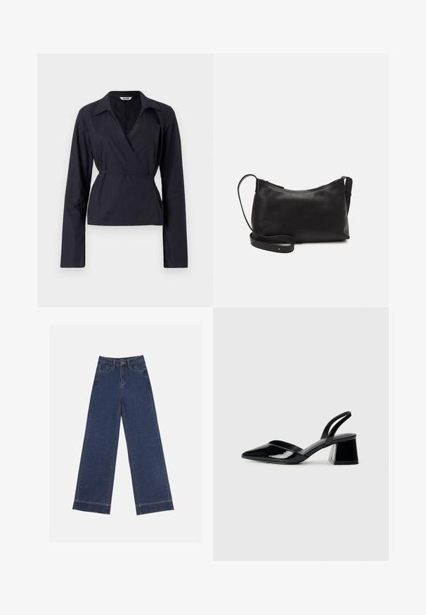 Top negru cu mâneci lungi, confecționat dintr-un material ușor. Dispune de un guler și o talie legată pentru o siluetă ajustată.; Jeans evazați din denim albastru închis. Au cinci buzunare, bucle pentru curea și o margine brută la baza, cu detalii de coasere vizibile.; Pantofi cu toc slingback din piele lacuită neagră, cu vârf ascuțit și toc geometric. Prezintă un design elegant, minimalist și o textură netedă.; Geantă de umăr din piele neagră, cu o textură netedă, formă curbată, curea ajustabilă și închidere cu fermoar. Design minimalist, fără embellishments.