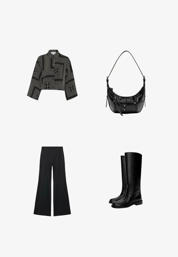 Cămașă neagră cropped, cu un model geometric din linii albe, cu închidere prin nasturi în față și guler, având mâneci până la trei sferturi.; Pantaloni negri cu croială largă, având o textură netedă, cu pliseuri frontale și un design croit. Materialul este ușor și fluid.; Cizme din piele negre, până la genunchi, cu o textură netedă, vârf rotund, talpă plată și un design minimalistic, având cusături vizibile și fără hardware. ; Geantă de umăr din piele neagră cu o formă curbată, având accesorii din metal argintiu și detalii de cusătură. Curea ajustabilă pentru versatilitate.