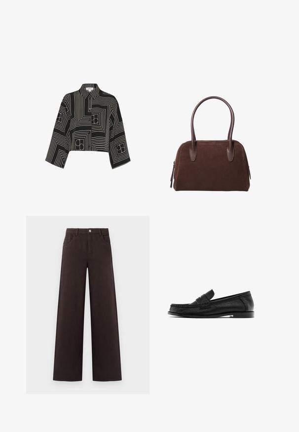 Black cropped shirt featuring a geometric white line pattern, button-up front, and collared neck with three-quarter length sleeves.; Wide-leg trousers in dark brown cotton fabric. Features a button closure and front pockets, with a smooth texture and clean lines.; Black leather loafers with a stitched design, featuring a raised strap over the vamp and a low stacked heel. Smooth texture and classic shape.; Brown suede handbag with a rounded shape, dual leather handles, side zipper, and minimal stitching, featuring a smooth texture.; Brown leather gloves with a smooth texture, featuring five fingers, elastic wrist, and decorative stitching along the edge.