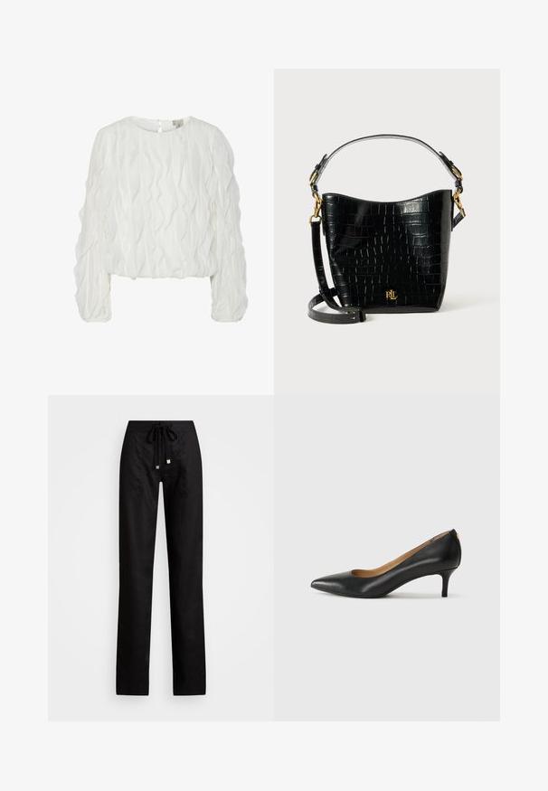 Balta ilgomis rankovėmis bluzelė su tekstūruotu, bangos raštu ir apvaliu kaklu; spynos žiedelis gale; šiek tiek sutrumpintas siluetas.; Juodi lininiai kelnių su tiesia kojų siluetu, turintys raištelių juosmenį ir dvi šonines kišenes. Lygus paviršius su minimalizmo estetika.; Juodos odinės aukštakulnės bateliai su smailiu nosiu, žemu kulnu ir lygiu paviršiumi. Priekyje yra nedidelis atvirumas, o gale minimalus apdaila.; Juodas krokodilo rašto odinis krepšys su lenkta forma, auksiniais aksesuarais, reguliuojama juosta ir logotipo detale priekyje.