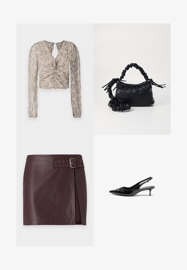 Rövidítetlen blúz hosszú ujjakkal, csavart elöl, bézs és szürke árnyalatú kígyóbőr mintával és kulcslyuk kivágással.; Burgundi színű műbőr szoknya övhurokkal és fényes csattal, oldalsó hasítékkal és sima, fényes textúrával.; Fekete bőrből készült slingback magassarkú cipők hegyes orral, kis francia sarokkal és díszes csomóval az elején. Az egész felületen sima textúra.; Fekete műbőr kézi táska krokodil bőr textúrával, összehúzható tetejű és gyűrt pánttal. Lágy és kompakt dizájnúnak tűnik.