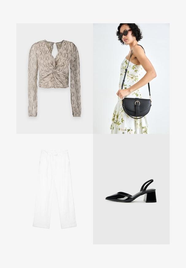 Trumpinė palaidinė ilgomis rankovėmis, su sukta priekiu, gyvatės odos raštu šviesiai rudo ir pilko atspalviuose, ir su raktuojančia kaklo linija.; Balti lino kelnės su laisvu siluetu, tiesaus dizaino kojomis, priekinėmis kišenėmis ir lygiu liemeniu. Visas paviršius glotnus.; Juodos lakuotos odinės šlepetės su smailiu pirštu ir geometriniu bloko kulnu. Turi elegantišką, minimalistinį dizainą ir lygų paviršių.; Juodas odinis krepšys su išlenkta forma, nuimamu dirželiu ir auksiniais detalėmis. Krepšys turi kilpą su sagtimi.