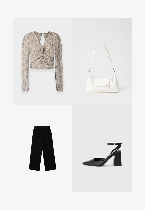 Kratka bluzica z dolgimi rokavi, ki ima zvit sprednji del, vzorec kačjega usnja v odtenkih bež in sivo ter dekolte v obliki ključavnice.; Črne široke hlače iz gladkega materiala, z visokim pasom, sprednjim naborom in enim zgornjim gumbom za zapiranje.; Črne usnjene klasične čevlje z ostrim nosom, z zaponko za gleženj in debelim peto. Ravna tekstura, eleganten dizajn in minimalistična estetika.; Bela sintetična torbica v obliki trikotnika, z ravnim sprednjim poklopcem in detajlom mašne, nastavljivim trakom, gladko teksturo in minimalističnim dizajnom.