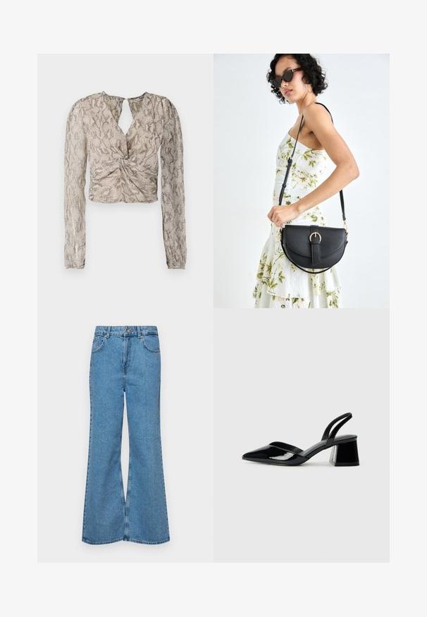 Top curto com mangas longas, apresentando uma frente torcida, um padrão de pele de cobra em tons de bege e cinza, e um decote em forma de gota.; Jeans de brim azuis claros, com corte à boca de sino, apresentando uma cintura alta, cinco bolsos e um fecho de botão único. Textura macia com acabamento desbotado.; Sandy em verniz preto com salto slingback, ponta afilada e salto geométrico. Apresenta um design elegante e minimalista com textura suave.; Bolsa de couro preta com forma curva, alça destacável e detalhes em dourado. A bolsa possui uma aba com detalhe de fivela.