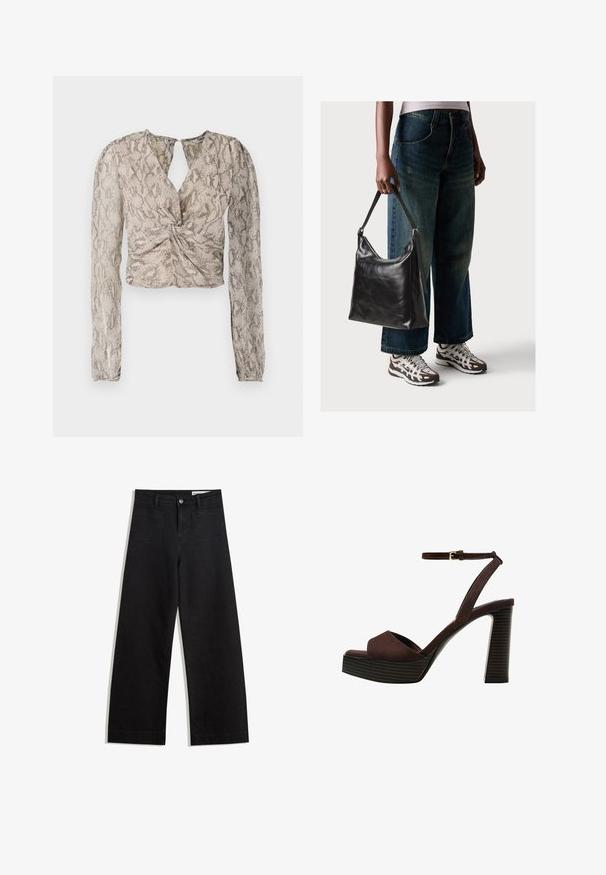 Blusa corta con maniche lunghe, caratterizzata da un frontale torcigliato, un motivo a pelle di serpente in tonalità di beige e grigio, e una scollatura a chiave.; Pantaloni in denim neri a gamba larga con vita alta, dotati di tasche anteriori e posteriori, cuciture a punto, e chiusura con bottone. Texture liscia.; Sandal in camoscio marrone con tacco alto, punta aperta, cinturino alla caviglia regolabile e suola a piattaforma striata.; Borsa a tracolla nera in pelle con una texture liscia e tracolla regolabile, abbinata a jeans ampi sbiaditi e sneakers sportive.