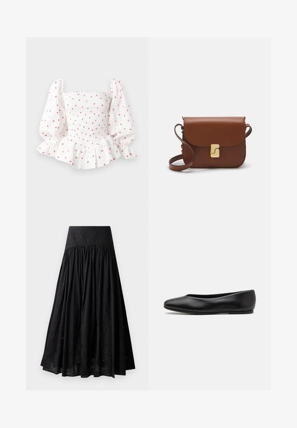White blouse with smocked bodice, puffed sleeves, and ruffled hem. Patterned with small red dots. Cotton material with a soft texture.; Black maxi skirt made of cotton with an embroidered waistband. Features gathered fabric and eyelet detailing along the hem.; Paul Smith TOPANGA - Ballet pumps - black; Brown leather handbag with a flap closure, gold-tone hardware, a shoulder strap, and a smooth texture. Compact rectangular shape.