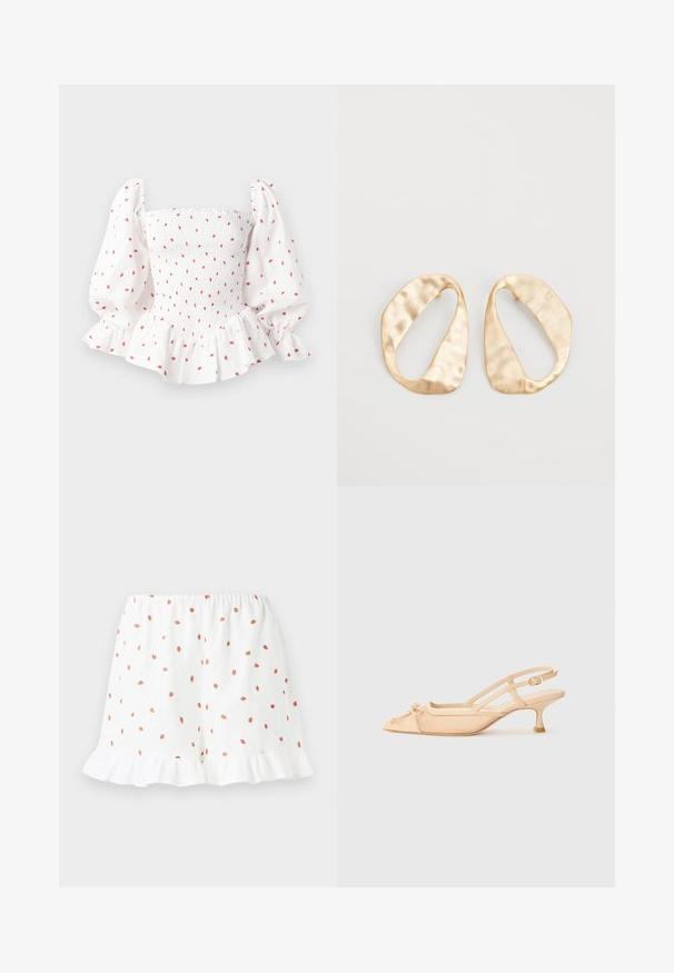 White blouse with smocked bodice, puffed sleeves, and ruffled hem. Patterned with small red dots. Cotton material with a soft texture.; White shorts featuring small red strawberry prints throughout, ruffled hem, and elastic waistband for comfort. Made from lightweight fabric.; Stuart Weitzman KITTY - Classic heels - beige/barely beige; Pair of irregular oval-shaped gold-toned metal earrings with a textured, slightly hammered surface on a white background.