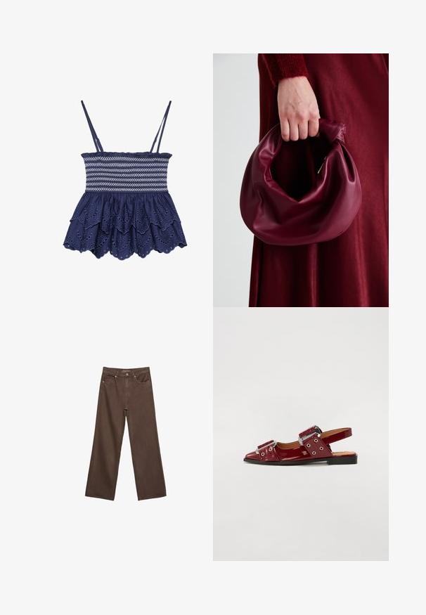 Marineblaues Oberteil mit verstellbaren Trägern, gerafftem Oberteil und gestuften Rüschen-Ärmel mit bestickten Durchbrüchen. Aus Baumwollmaterial.; Weite braune Jeans aus Denim, mit hoher Taille, Fronttaschen und klassischem Knopfverschluss. Glatte Textur mit feinen Nähten.; Burgunderfarbene Lackleder-Slingbacks mit spitzer Zehe, ausgestattet mit zwei verstellbaren Riemen mit Schnallen und silberfarbenen Akzenten.; Burgunderleder-Handtasche mit einem weichen, gerafften Design und einer gerundeten Form. Der Griff ist gesichert und zeigt eine glatte Textur.