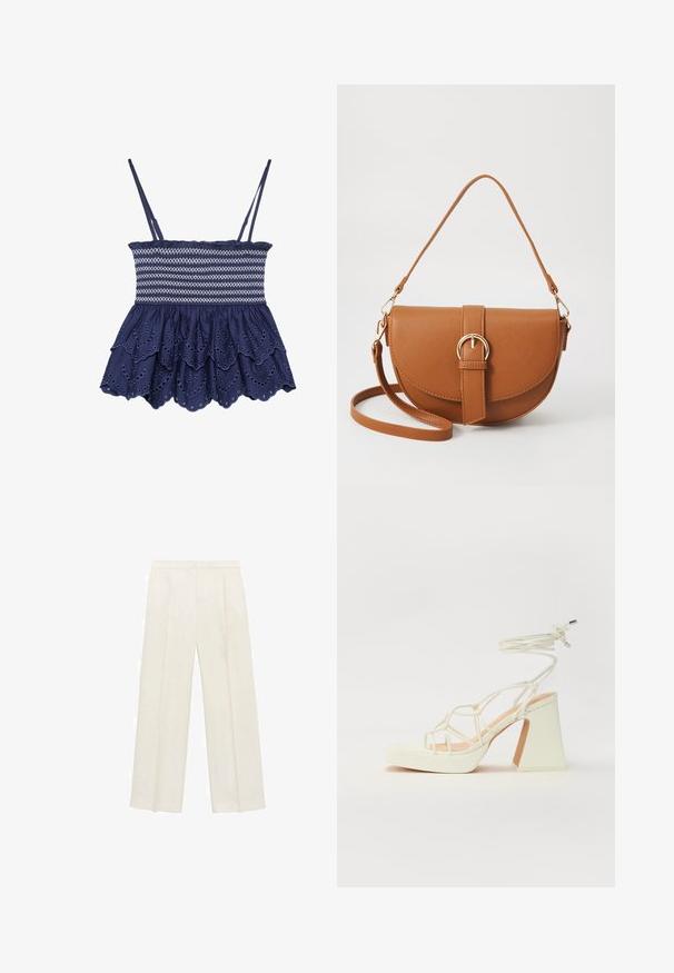 Marinblå topp med justerbara remmar, smockad midja och flerlagrad volangkant med broderade utskärningar. Tillverkad av bomull.; Breda byxor i en ljus krämfärg. Tillverkade av ett mjukt tyg med veck fram och sidofickor.; Vit högklackad sandal med en kraftig klack, med ett remdesign och ankelband. Slät textur med en plattform framtill för ökad höjd.; Brun läder crossbody-väska med en böjd form, gyllene detaljer och en spänneaccent. Har en avtagbar axelrem.