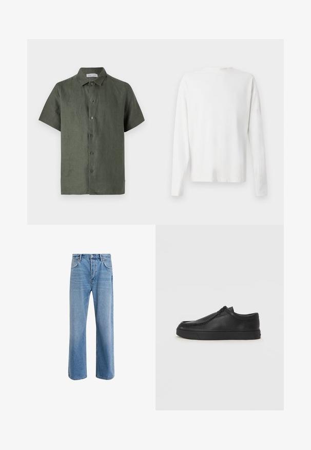 Srajca s kratkimi rokavi v temno zeleni laneni tkanini z gumbom na sprednji strani, z ostrim ovratnikom in ravnim robom. Ima pet gumbov na sprednji strani.; Bela bombažna srajca z dolgimi rokavi in okroglo ovratnikom, z bočnimi razporki na dnu in gladko teksturo, prikazana s hrbtne strani.; Svetlo modre denim kavbojke s ravno nogavico, petimi žepi, z gumbom za zapiranje, minimalnim zbledelostjo in kontrastnimi šivi.; Črne usnjene natikače s zaobljenim prstom, šivanim detajlima in črnim gumijastim podplatom. Gladka tekstura z minimalističnim dizajnom.