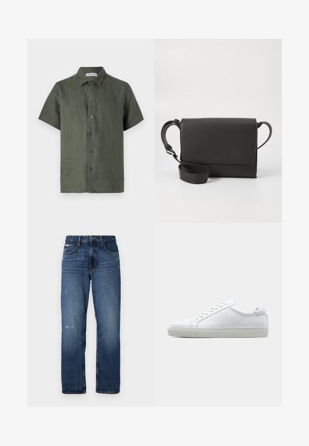 TUMSA ZAĻA LINĀ SĒRGALVEKLE AR ĪSĀM ROKĀM UN POGU RINDU PRIEKŠPUSTĒ. IEFILTRĒTA CILVĒKA PIEMĒROTĀS ZIELES. IEKĀRTOTS AR PIECĀM POGĀM PRIEKŠPUSĒ. SASKAŅĀS AR PULKFOTO PUNKTU, BŪTISKI VIEGLAS IZMANTOT. LĪNIJAI DRUKA, PUNKTĒTA KOLBAS PAR UN TIEŠA MALAS.; Zilas džinsu bikses ar taisnu kāju dizainu. Iezīmējas ar izbalējusiem laukumiem un vieglu nolietojumu priekšpusē, kā arī klasisku pogu aizdari.; Baltie sporta apavi ar gludu ādas virsu un zemu profilu. Iezīmējas ar noapaļotu purngalu, sešām acīm un teksturētu gumijas zoli.; Melnas ādas plecu soma ar teksturētu virsmu, taisnstūra formu, atloka aizdari, regulējamu siksnu un diskrētu logotipu.