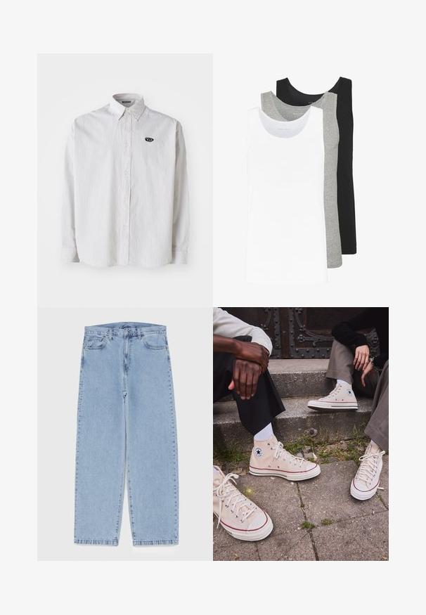 White long-sleeve shirt with thin gray vertical stripes. Features a button-down collar and a small black logo on the left chest.; Three tank tops in white, gray, and black. Each features a classic sleeveless design, made from lightweight cotton fabric with a ribbed texture.; Light blue denim jeans with straight leg design, featuring a mid-rise waist, five pockets, and a button and zipper closure.; High-top beige canvas sneakers with red stripe, white rubber sole, and metal eyelets, featuring iconic star logo on the side.
