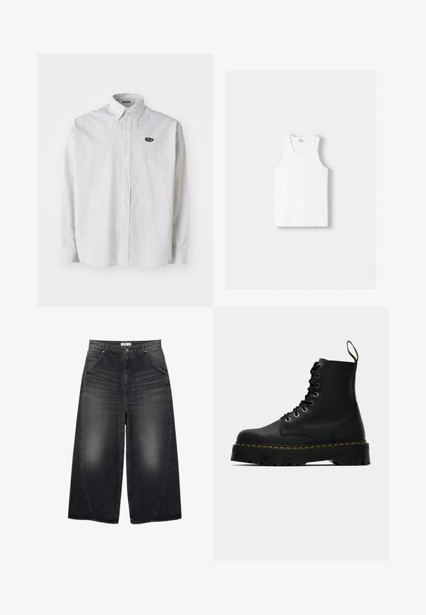 Fehér, hosszú ujjú ing, vékony szürke függőleges csíkokkal. Gombos gallérral és egy kis fekete logóval a bal mellen.; Fehér pamut ujjatlan felső kerek nyakkivágással, széles vállpántokkal és egyenes szegéllyel, sima textúrával, látható minták nélkül.; PULL&BEAR MEGA BAGGY - Túlméretezett farmernadrág - black; Fekete bőr, fűzős bokacsizma tömör, texturált gumitalppal és sárga varrással a talp körül.