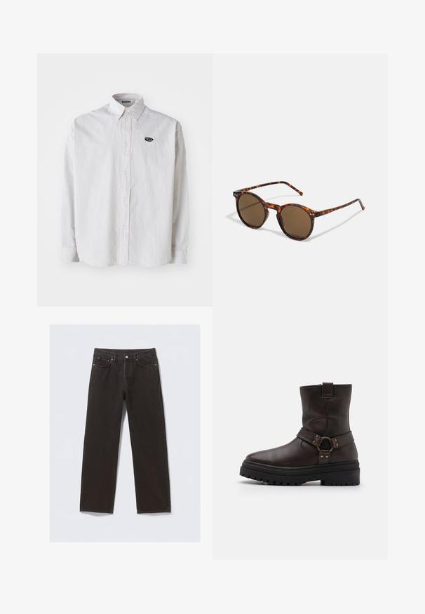 Bílá košile s dlouhým rukávem a tenkými šedými vertikálními pruhy. Obsahuje límec s knoflíky a malé černé logo na levé části hrudi.; Černé džíny z denimu se střihováním rovného nohavice, pěti kapsami a měděným prošíváním. Hladká textura, klasické zapínání na knoflík v pase.; Hnědé kožené kotníkové boty se čtveratou špičkou, akcenty s přezkami a silnou černou podrážkou. Obsahují boční zip a texturovaný povrch.; Kulaté sluneční brýle s želvovinovým rámem a hnědými čočkami. Jsou vybaveny tenkými stranami s jemnou texturou a kovovými doplňky blízko čoček.